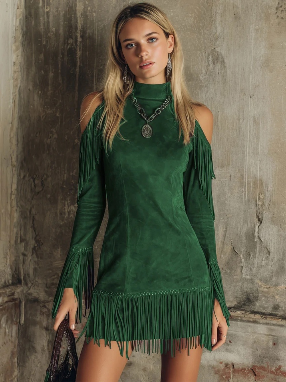 Green Fringe Cold-Shoulder Mini Dress